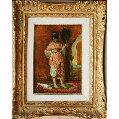 Francisco Miralles "oriental Woman With Parrot" Oil On Panel 32x23